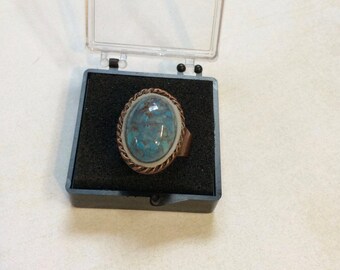 Copper adjustable ring.Vintage marbled blue lucite ring.Statement ring.