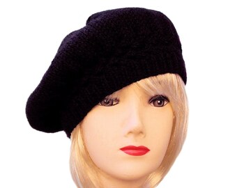 Black Beret Black Knit Hat, Womens Slouchy Beret, Black Beret Hat, Womens Wool Hats, Gifts for Her, Winter Hats, Black Accessories, Sue Maun