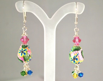 Earrings Handmade, Silver Earrings, Dangle Earrings, Polymer Earrings, Ready to Ship, Drop Earrings, Flower Earrings, Statement Earrings