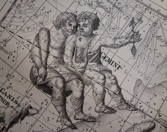 Antique astrology print - old pictures of Gemini Orion Taurus Canis sign vintage poster celestial map zodiac signs constellation star chart