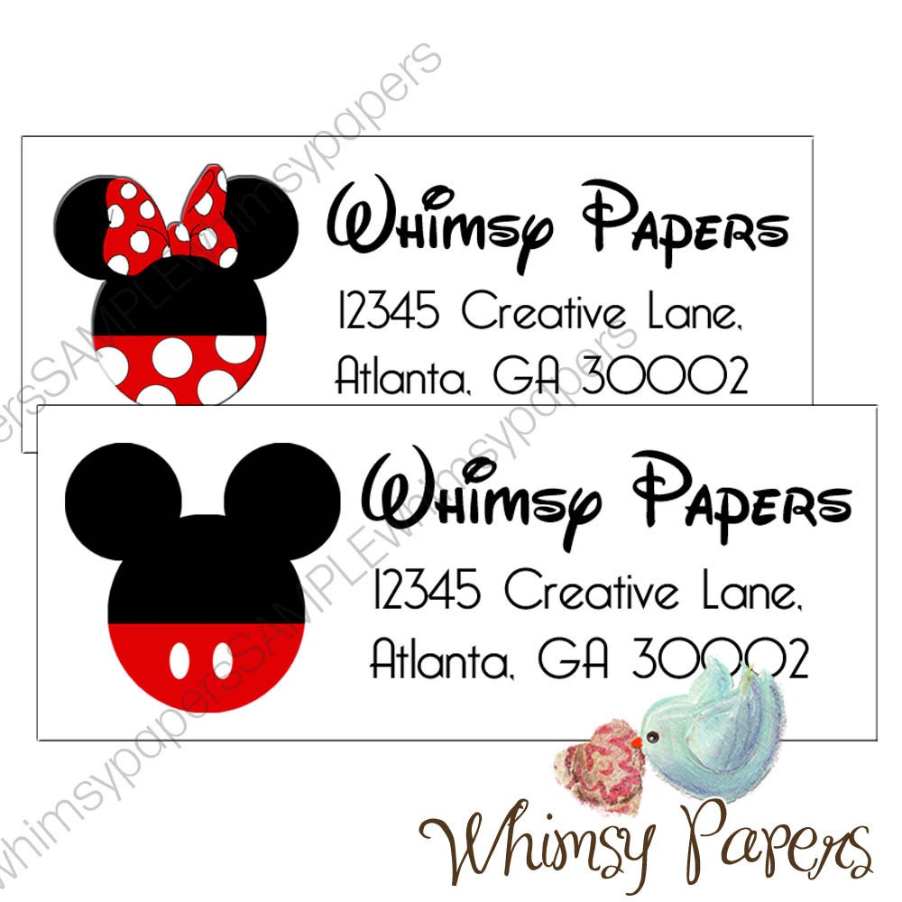 mickey mouse or minnie mouse return address labels glossy