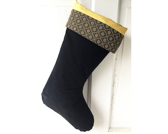 Black Velvet Christmas Stocking Gold Medallion Cuff and Gold Silk Lining - Heirloom Holiday Decor