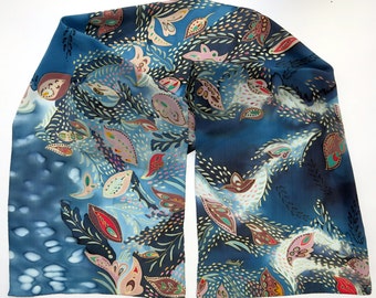 Silk scarf blue wave of luck. Hand painted scarf, silk, pink, red, blue painted scarf. Hand painted silk scarf. Blue silk scarf,sea colors