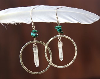 Boho Whisper Earrings - Turquoise, Crystal Quartz, and Silver