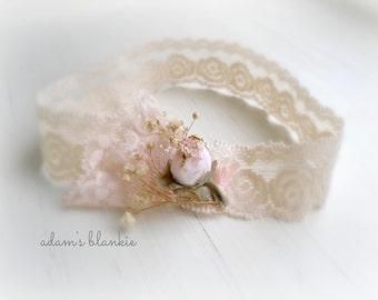 Alania - Cream Ivory Beige Pink Headband - Vintage Style - Lace Flowers Rosebud - Girls Newborns Baby Infant Adults