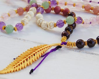 Rose Quartz mala, Amethyst 108 Mala, Buddhist Prayer Beads, 108 Mala Necklace, Yoga Meditation, Long Boho necklace, Feather Necklace, Yoga