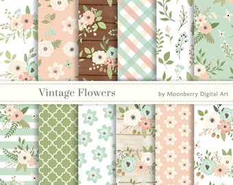 Floral Digital Papers " VINTAGE FLOWERS " Floral Papers, Commercial Papers, Flowers Digital Papers, Scrapbook Paper, Pastel Digital Papers