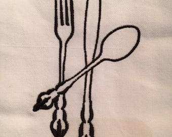 White & Black Kitchen Towel with Fork, Knife and Spoon