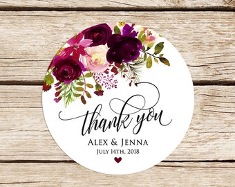 Wedding Stickers, Personalized, Thank You Stickers, Wedding Favor Stickers, Floral Labels, Burgundy, Marsala, 2'' Stickers