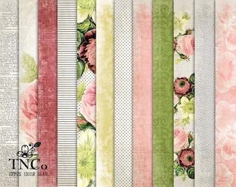 Floral Patterned digital paper pack, roses printable scrapbooking paper, vintage style paper download for commercial use projects.