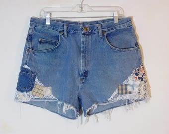 Boho Patched Jean Shorts, High Waisted, 36 Waist, Patches, Extra Pocket, Lace, Blue Denim, Plus Size, Patchwork, Frayed, Slimming