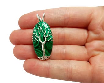 FREE SHIPPING Wire wrap tree of life pendant with genuine malachite gemstone