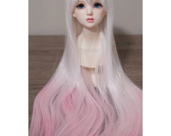BJD handmade gradient/ ombre color long straight wig white & pink