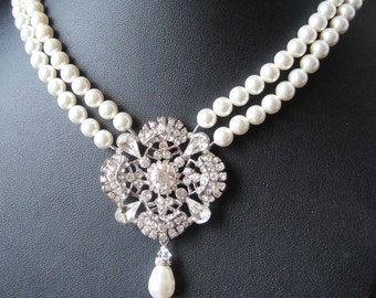 Statement Bridal Necklace, Art Deco Wedding Jewelry, Ivory Pearl Wedding Necklace, Vintage Bridal Jewelry, Great Gatsby Jewelry, LOUISE