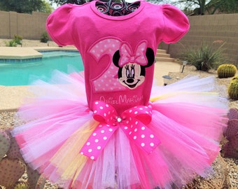 Personalized Pink shirt Minnie Mouse tutu outfit, Birthday tutu.