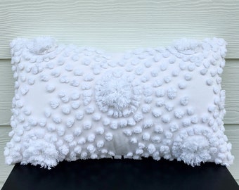 White chenille pillow cover, 12 X 20 inches, shabby cottage chic cushion cover, white pillow case, white beach house cushion cover