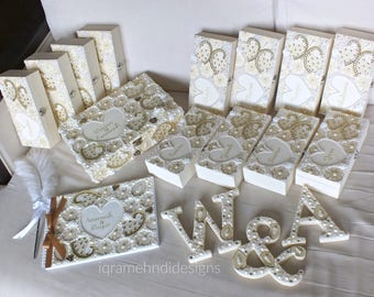 Luxury Bridal Wedding Set | Guest-book, Wooden Letters, Bridesmaid Gifts | Cream Ivory Gold | Indian Henna Mehndi Mendhi | Personalised