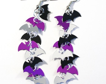 Halloween Earrings Bat Earrings Black Purple and Silver Little Bats Dangles Plastic Sequin Jewelry