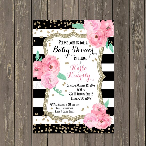 black and white baby shower invitation striped light pink black and white invitation