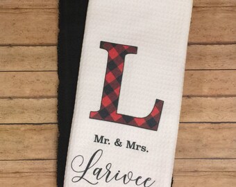 Personalized Buffalo Plaid Waffle Kitchen Hand Towel Hostess Gift