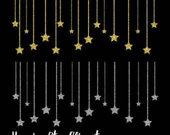 Hanging Star Clipart, Gold Star Clipart, Silver Star Clipart, Hanging Stars clipart, Hanging Star graphics, Design embellishments, accents