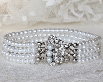 1920s AUTHENTIC Art Deco Multi Strand Pearl Bracelet,White Pearl Bracelet,Silver Paste Rhinestone Paved Clasp,Faux Pearl,Bridal,Wedding