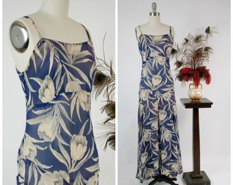 Vintage 1930s Dress - Summer 2018Lookbook - Elegant Sheer Blue, Grey and White 30s Sleeveless Sundress with Tulip Print