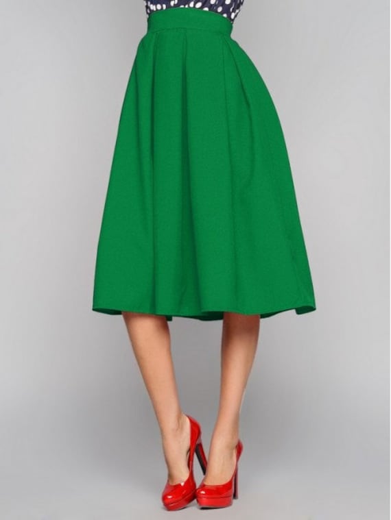 Green midi skirt Midi skirt Woman skirt Business woman Folds