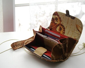 Smartphone wallet clutch - small/ brown butterflies wristlet clutch iphone phone case with strap durable accordion case- READY TO SHIP