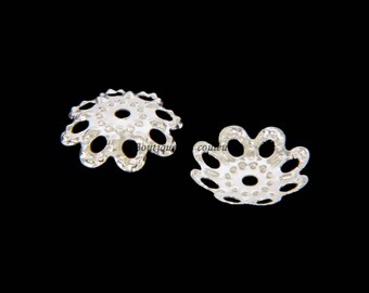 Set of 100 clear 10mm silver metal flower beads caps