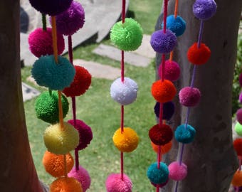 Pom Pom Garland | Pom Pom String | 1.50m / 5ft Multicoloured Pom Pom Bunting | Wool Pom Pom Garland | Yarn Pom Pom Garland
