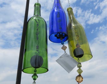 Recycled Colored Wine Bottle Wind Chime, Gift for Her, Porch Decoration, Outside Wind Chime, Garden Art