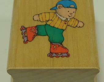 Roller Blading Bear Wood Mounted Rubber Stamp From Hero Arts C 720