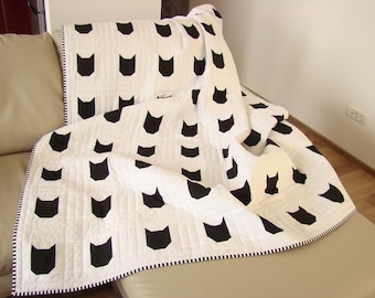 Modern Quilt / Black & White Quilt/ Custom Quilt /Cat Quilt / Twin Quilt / Throw Quilt /Bed Quilt /Kid Quilt/ Child Blanket/ Quilts for Sale