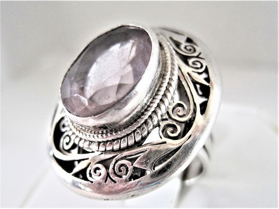 Sterling Amethyst Ring, Faceted Genuine Amethyst, Vintage Large Stone, Wide Band, Size 7