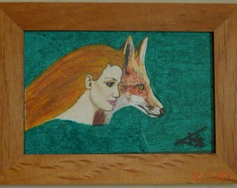 FOX AND WOMAN in drawing under glass frame