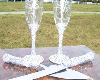 Flutes and Cake Server set.....Lots of Bling...Bride and Groom, Mr & Mrs., Champagne Toasting Rhinestone Flutes, Wedding Glasses