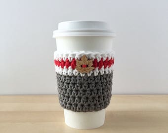 Work Sock Cup Cozy | Sock Monkey Colors | Canadian | Lumberjack | Crochet Cup Cozy | Coffee Sleeve | Coffee Lover Gift | Red White Grey