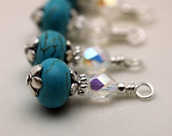Vintage Style Turquoise with Clear AB Czech Crystal and Silver Bead Dangle Charm Drop Set