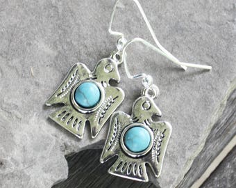 Silver Thunderbird Earrings, faux turquoise earrings, southwest earrings, southwest jewelry, silver earrings