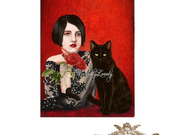 Mister Noir and I,1920's inspired, black cat, woman, cat, roses, red, lace, WickedlyLovely blank Greeting Card