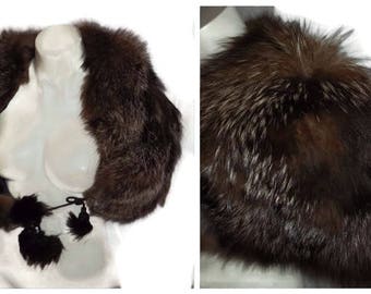 Vintage-Fox-Pelz-Cape Stola Wrap 1950er Jahre Silberfuchs flauschigen Fell Artdeco Stola Boa Silber dunkel braun Glamour Schulter Cape Wrap Fell Bommels