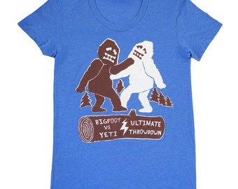 SALE Bigfoot Vs Yeti - Womens Girls T-shirt Abominable Snowman Monster Sasquatch Battle Fight Boxing Funny Humor Geek Tee Shirt Blue Tshirt