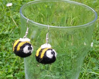 Baby Bumble Bee Honey Bee Earrings Black Yellow Wool Silver Plated Hooks Cute Funny Insect Pixie Jewlery Needle Felting The Bug