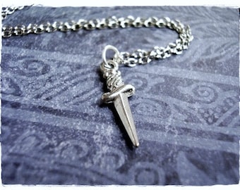 Tiny Silver Dagger Necklace - Antique Pewter Dagger Charm on a Delicate Silver Plated Cable Chain or Charm Only