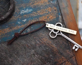 Personalized Housewarming Gift - Custom Hand Stamped New Home Ornament - First House Skeleton Key - Realtor Closing Gifts - OG Rustic Silver