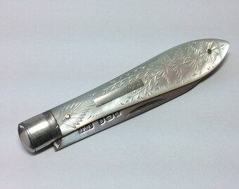 Superb J.Y. Cowlishaw Pocket Fruit Knife. 1910 Hallmarked Sheffield Silver & MOP. Rare Pocket Knives. Edwardian Paring/Thread Knife.
