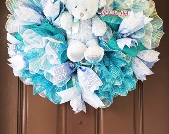 Deluxe Blue Deco Mesh Baby Boy Wreath, Hospital Door Wreath, It's a Boy Wreath, Baby Boy Gift for New Mom, Baby Bear Wreath