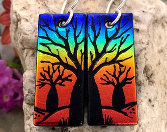 Boab Tree Earrings Handetched Dichroic Glass & Sterling Silver