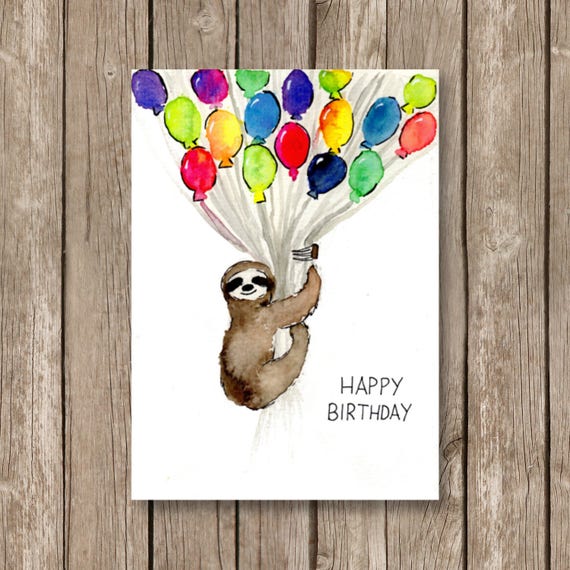 printable birthday card sloth with ballons watercolor on